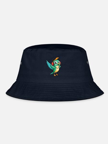 Kolibri Lustige Cartoon Tier Kopfhörer Musik - Bucket Hat - Navy - Vorne