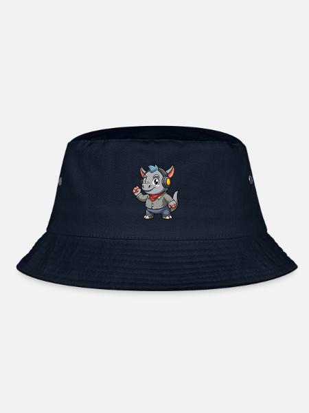 Rhino Lustige Zeichentrickfigur Kopfhörer Musik - Bucket Hat - Navy - Vorne