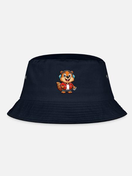 Beaver Funny Cartoon Character Headphone Music - Bucket Hat - navy - Front