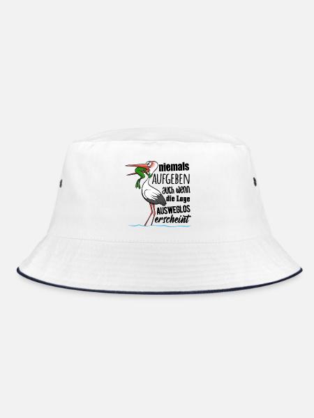 Frosch und Storch - Niemals Aufgeben - Spruch - Bucket Hat - Weiß/Navy