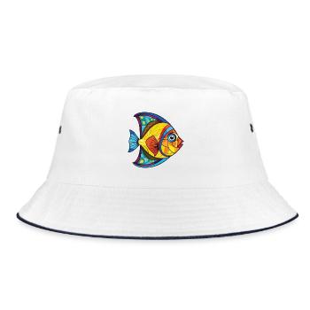 Flunderfisch Bunte Aquarell-Tierkarikatur - Bucket Hat - Weiß/Navy - Vorne