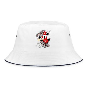 Kartenspiel mit Rosen und Schmetterlingen - Bucket Hat - Weiß/Navy - Vorne