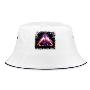 "Jesus is King" , Jesus Image violett/pink - Bucket Hat - Weiß/Navy - Vorne