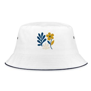 Florale Komposition – Blau & Senf - Bucket Hat - Weiß/Navy - Vorne