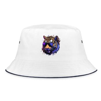 Cooler Retro-Tigerkopf - Bucket Hat - Weiß/Navy - Vorne