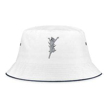 Kletternde Katze - Graue Katze hängt am Shirt - Bucket Hat - Weiß/Navy - Vorne