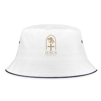 Jesus Loves You – Portrait mit Dornenkrone & Kreuz - Bucket Hat - Weiß/Navy - Vorne