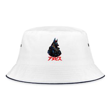 Cyberpunk Anubis Japanische rote Sonne Streetwear - Bucket Hat - Weiß/Navy - Vorne