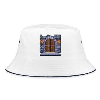 Pixel Art Kerkertor mit zwei brennenden Fackeln - Bucket Hat - Weiß/Navy - Vorne