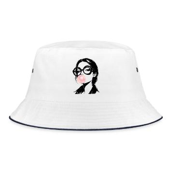 Portrait einer Frau Streetart mit rosa Kaugummi  - Bucket Hat - Weiß/Navy - Vorne