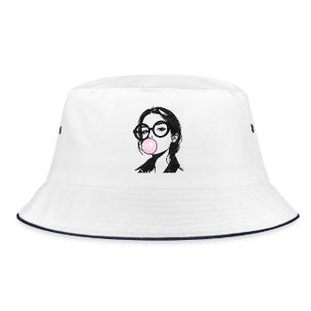 Frau mit Kaugummi Stickerei rosa und schwarz  - Bucket Hat - Weiß/Navy - Vorne