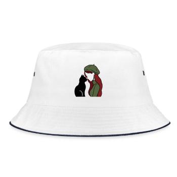 ragazza_rossa_con_basco_verde_con_gatto_nero - Bucket Hat - Weiß/Navy - Vorne