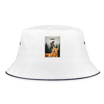 Rote Katze Selfie mit Waldmensch, Dino und UFO - Bucket Hat - Weiß/Navy - Vorne