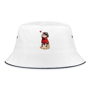 Süße Katze mit Baskenmütze und Strickpullover - Bucket Hat - Weiß/Navy - Vorne