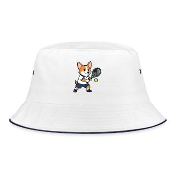 Süßes Kawaii Corgi Tennisspieler-Welpenhemd - Bucket Hat - Weiß/Navy - Vorne