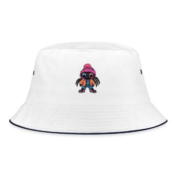 Spinne mit Winterjacke und pinker Mütze - Bucket Hat - Weiß/Navy - Vorne