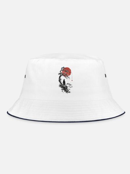 Roter Mond, Bonsai und Samurai - Bucket Hat - Weiß/Navy