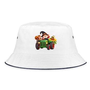 Fröhlicher Wichtel -Traktor im Gartenzauber - Bucket Hat - Weiß/Navy - Vorne
