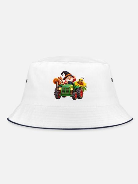Fröhlicher Wichtel -Traktor im Gartenzauber - Bucket Hat - Weiß/Navy