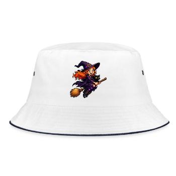 Hexenreiterin auf Besen mit Katze - Bucket Hat - Weiß/Navy - Vorne