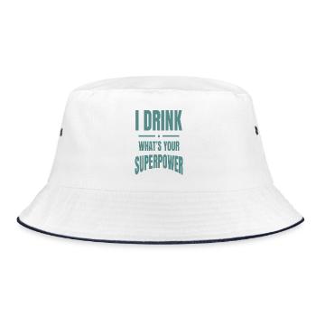 Ich trinke – Was ist deine Superkraft? - Bucket Hat - Weiß/Navy - Vorne