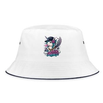 Street Alpaca mit Horn, Flügeln und Kaugummi - Bucket Hat - Weiß/Navy - Vorne