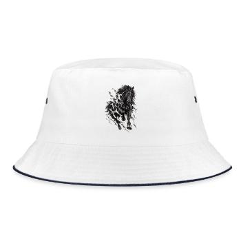 Galoppierendes Schwarzes Pferd – Zerrissener Trompe-l'oeil-Effekt - Bucket Hat - Weiß/Navy - Vorne