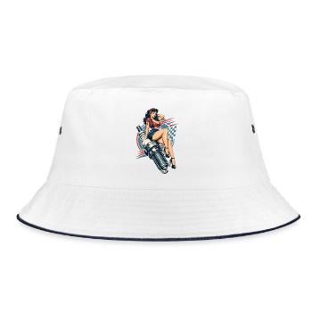 Vintage Hot Rod Pin-Up: Mechanikerin auf Zündkerze - Bucket Hat - Weiß/Navy - Vorne