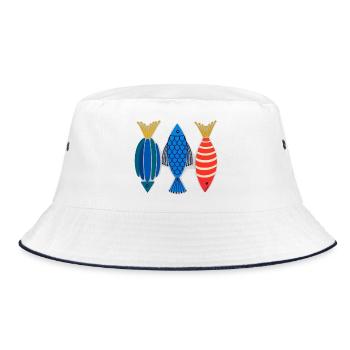 Volkskunst Fisch Meeresozean Abstraktes Grafik-Tee - Bucket Hat - Weiß/Navy - Vorne