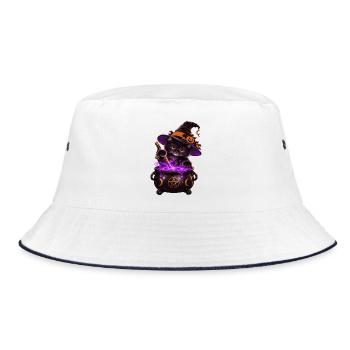 Süße Hexenkatze mit Zauberkessel – Halloween Katze - Bucket Hat - Weiß/Navy - Vorne
