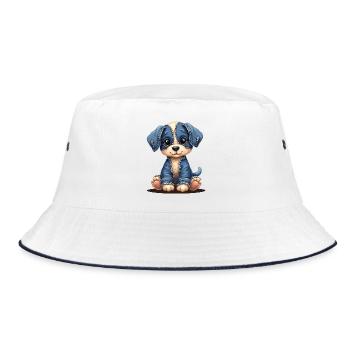 Süßer Welpe im blauen Jeans-Patchwork - Bucket Hat - Weiß/Navy - Vorne