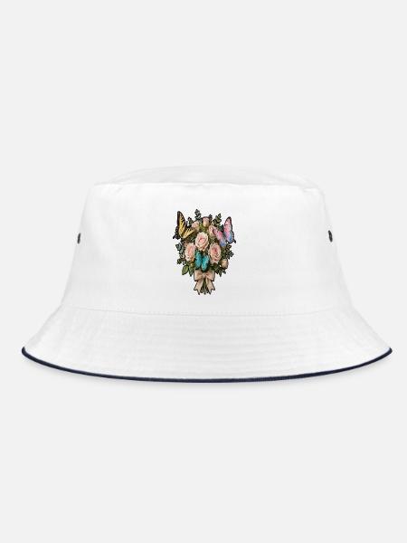 Rosen- und Schmetterlingsstrauß - Bucket Hat - Weiß/Navy