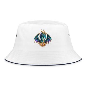 Lotusdrache – Türkiser Fantasy-Drache in Gold - Bucket Hat - Weiß/Navy - Vorne