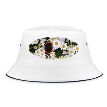 Red Admiral Butterfly auf Asters - Bucket Hat - Weiß/Navy - Vorne