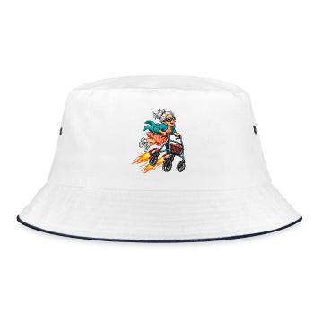 Lustige Oma mit Raketenrollator und Fliegerbrille - Bucket Hat - Weiß/Navy - Vorne