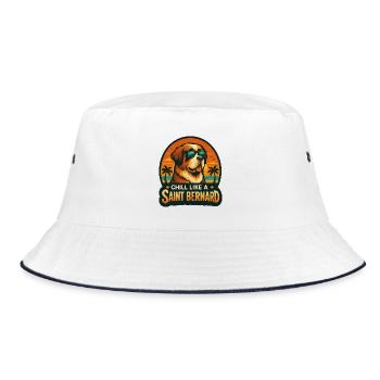 Bernhardiner mit Sonnenbrille am Strand im Retrolo - Bucket Hat - Weiß/Navy - Vorne