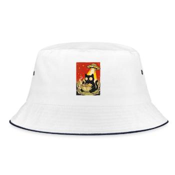 Schwarze Katze Ramen UFO Retro - Bucket Hat - Weiß/Navy - Vorne