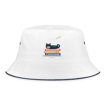 Katze schläft auf Büchern – gemütliche Lesepause - Bucket Hat - Weiß/Navy - Vorne