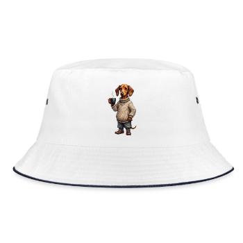 Müder Dackel mit Kaffeebecher – Gravur ohne Text - Bucket Hat - Weiß/Navy - Vorne
