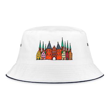 Lübeck Skyline im bunten Wachsmalstil - Bucket Hat - Weiß/Navy - Vorne