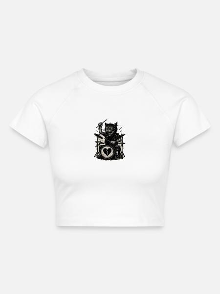Katzen-Drummer mit gebrochenem Herz - Cropped Frauen Organic T-Shirt - Weiß