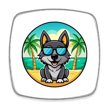 Black Norwegian Elkhound Dog Breed Cartoon Beach - Square fridge magnet - white - Front