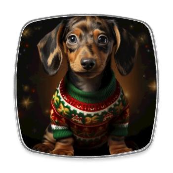 Weihnachtsdackel im Strickpullover - Viereckiger Kühlschrankmagnet - Weiß - Vorne