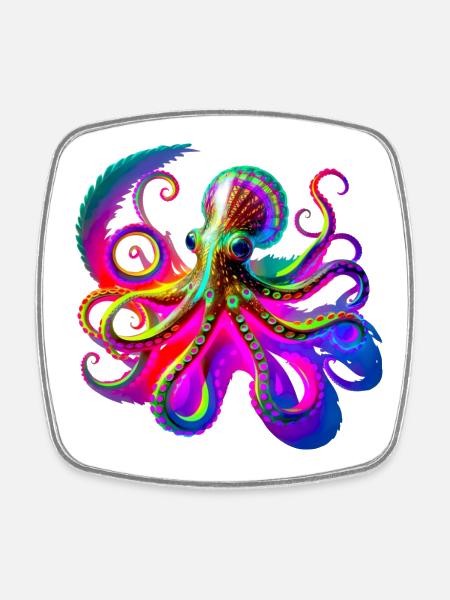 Psychedelic Neon Octopus - Square fridge magnet - white