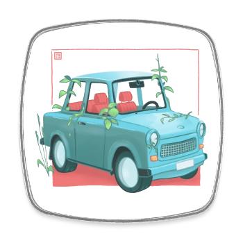 Trabi mit Pflanzen - Viereckiger Kühlschrankmagnet - Weiß - Vorne