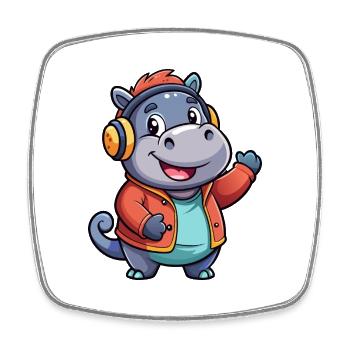 Hippo Funny Cartoon Character Musique de casque - Magnet carré - blanc - Devant