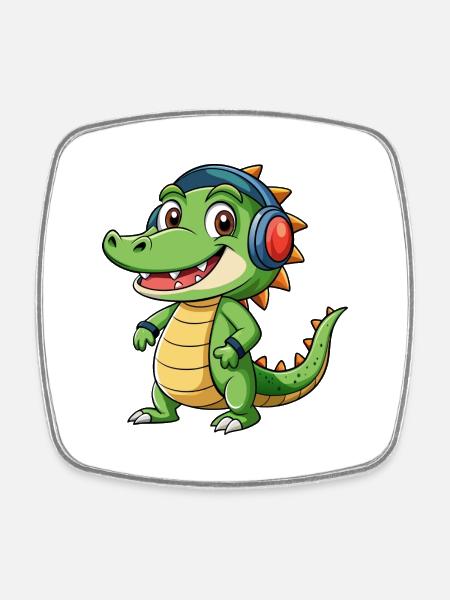 Crocodile Drôle Dessin Animé Personnage Casque Musique - Magnet carré - blanc