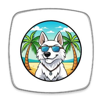 White Shepherd Dog Breed Cartoon Sunglasses Beach - Square fridge magnet - white - Front