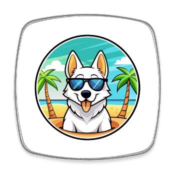 White Shepherd Dog Breed Cartoon Sunglasses Beach - Square fridge magnet - white - Front