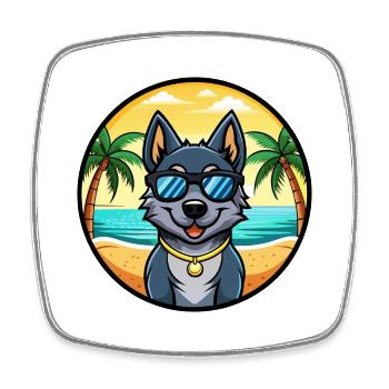Black Norwegian Elkhound Dog Breed Cartoon Beach - Square fridge magnet - white - Front